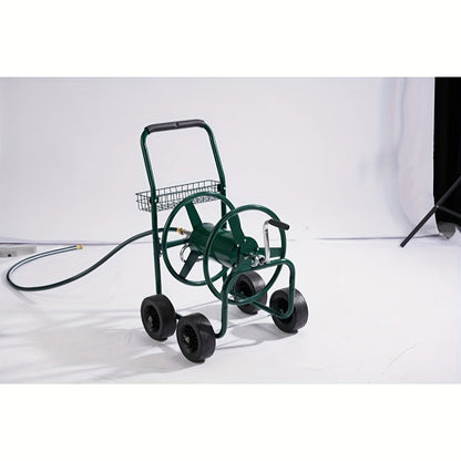 Four-Wheel Garden Hose Reel Cart in Green with Crank Handle, Storage Basket and Padded Push Grip