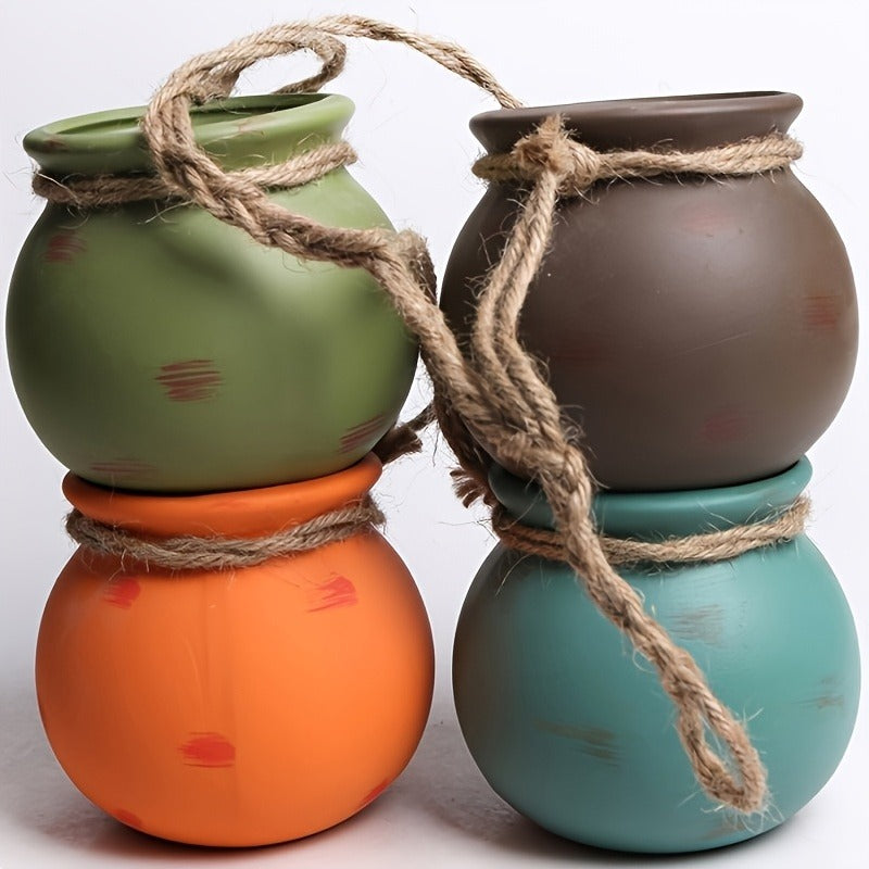 Four-Piece Geometric Hanging Planter Set with Hemp-Rope-Label Suspension and Four Earth-Tone Pot Colors