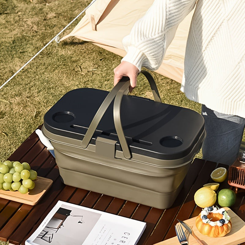Picnic Basket Foldable with Detachable Table – Large Capacity Portable Camping Storage Basket with Handle, Multifunctional Outdoor Organizer Box for Hiking, Beach & Backyard, Green & Khaki