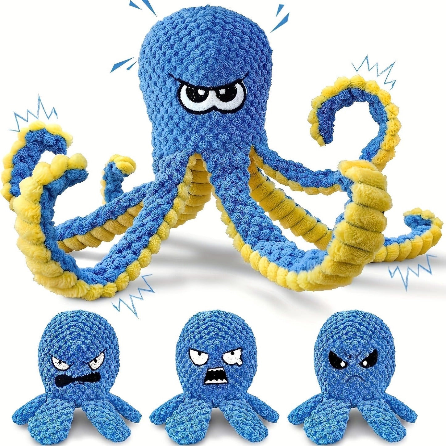 Dog Toy Octopus Plush with Built-In Squeaker and Crinkle Texture in Blue or Yellow with 1, 2 or 4-Pack Options