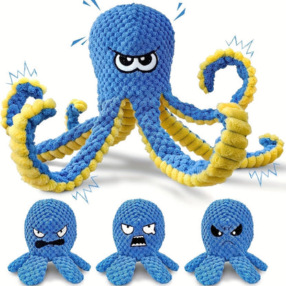 Dog Toy Octopus Plush with Built-In Squeaker and Crinkle Texture in Blue or Yellow with 1, 2 or 4-Pack Options