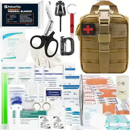 Emergency Survival Kit with MOLLE-Style Bag, Pictured Multi-Tool and First-Aid Assortment in Two Colors