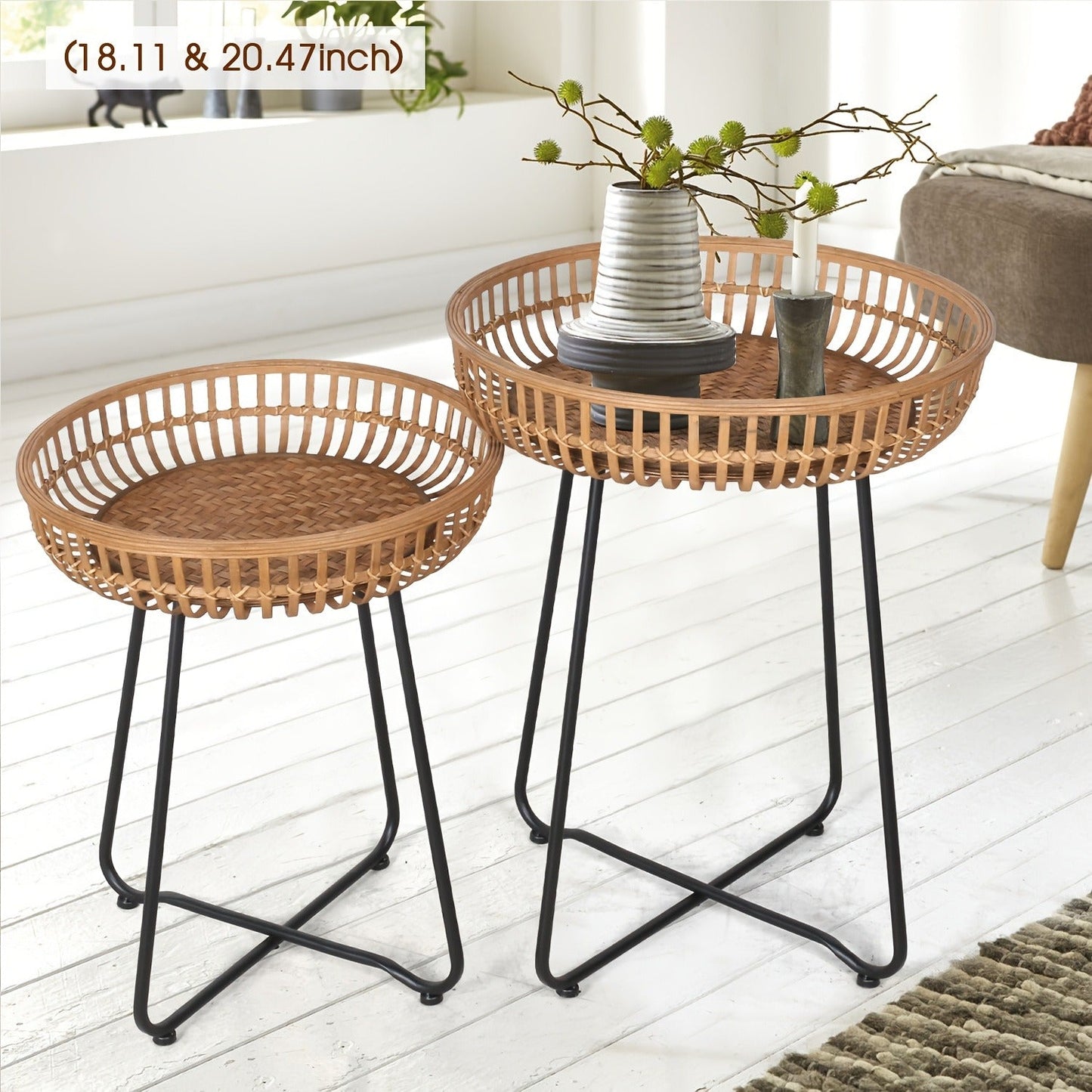 Rattan Side Table Nesting Tables Set of 2 Round Boho End Table Natural Bamboo Woven Coffee Table Metal Base for Living Room Bedroom Sofa Terrace