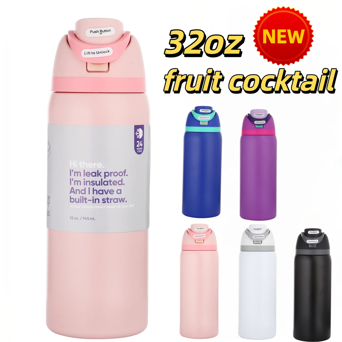 32oz Stainless Steel Water Bottle with Flip-Up Drinking Spout, Cleaning Brush and Five Solid Colors