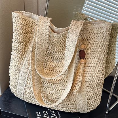 Straw Woven Tote Bag for Women Large Capacity Beach Bag Handwoven Shoulder Bag with Tassel Summer Vacation Travel Shopping Bag