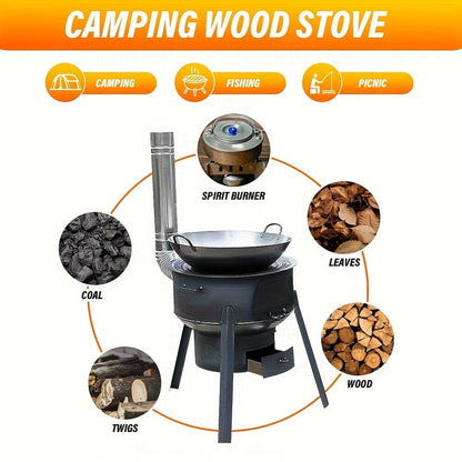 Outdoor Wood Stove with Chimney & Tripod, Heavy-Duty Metal Camping Stove for Backyard, Terrace & Campsite – Circular Design, Large Pot Compatible, 2 Sizes