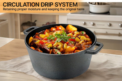 Pre-Seasoned-Labeled Cast Iron Dutch Oven with Reversible Skillet Lid, Trivet, Handle Covers and Scraper