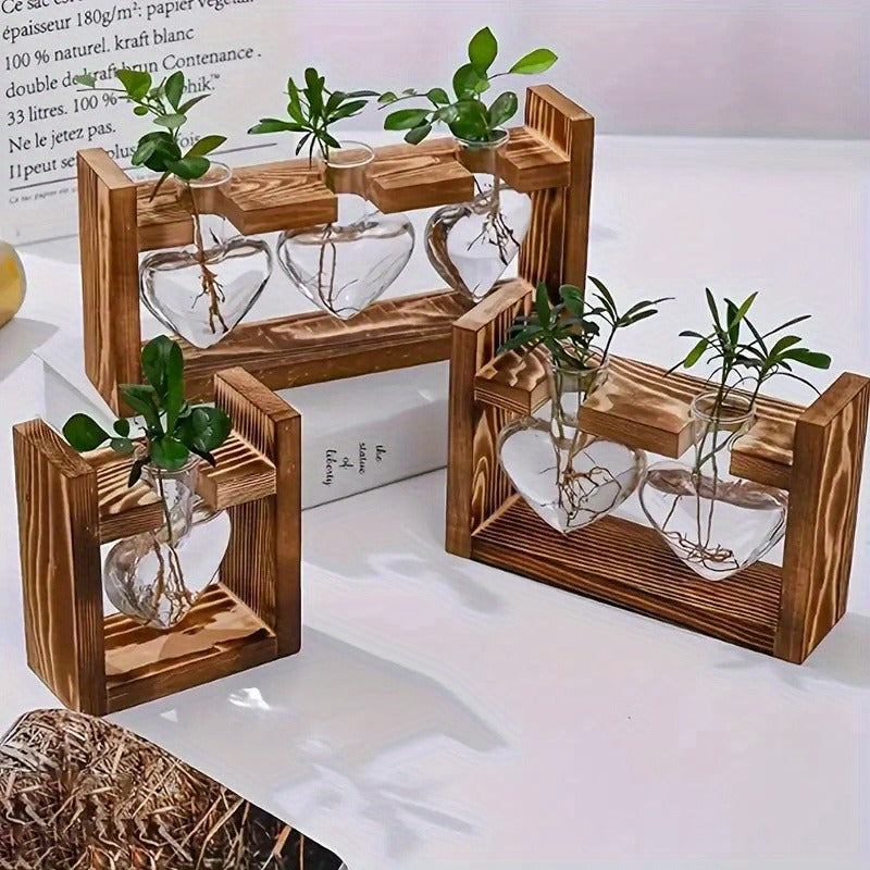 Heart-Bottle Propagation Vase with Wooden Frame in Single, Double or Triple Glass Vessel Options