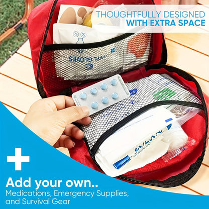 338-Piece First Aid Supply Kit in Red Handled Zipper Bag with Organized Interior Compartments