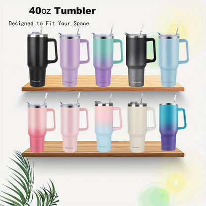 Handled 40oz Stainless Steel Tumbler with Straw Lid, Tapered Base and Five Color Options for Daily Use