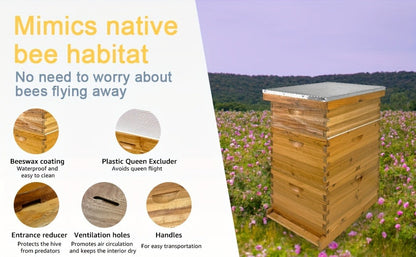 Three-Layer Langstroth-Style Beehive Box Kit with Two Deep Boxes, One Medium Box and Metal-Topped Cover
