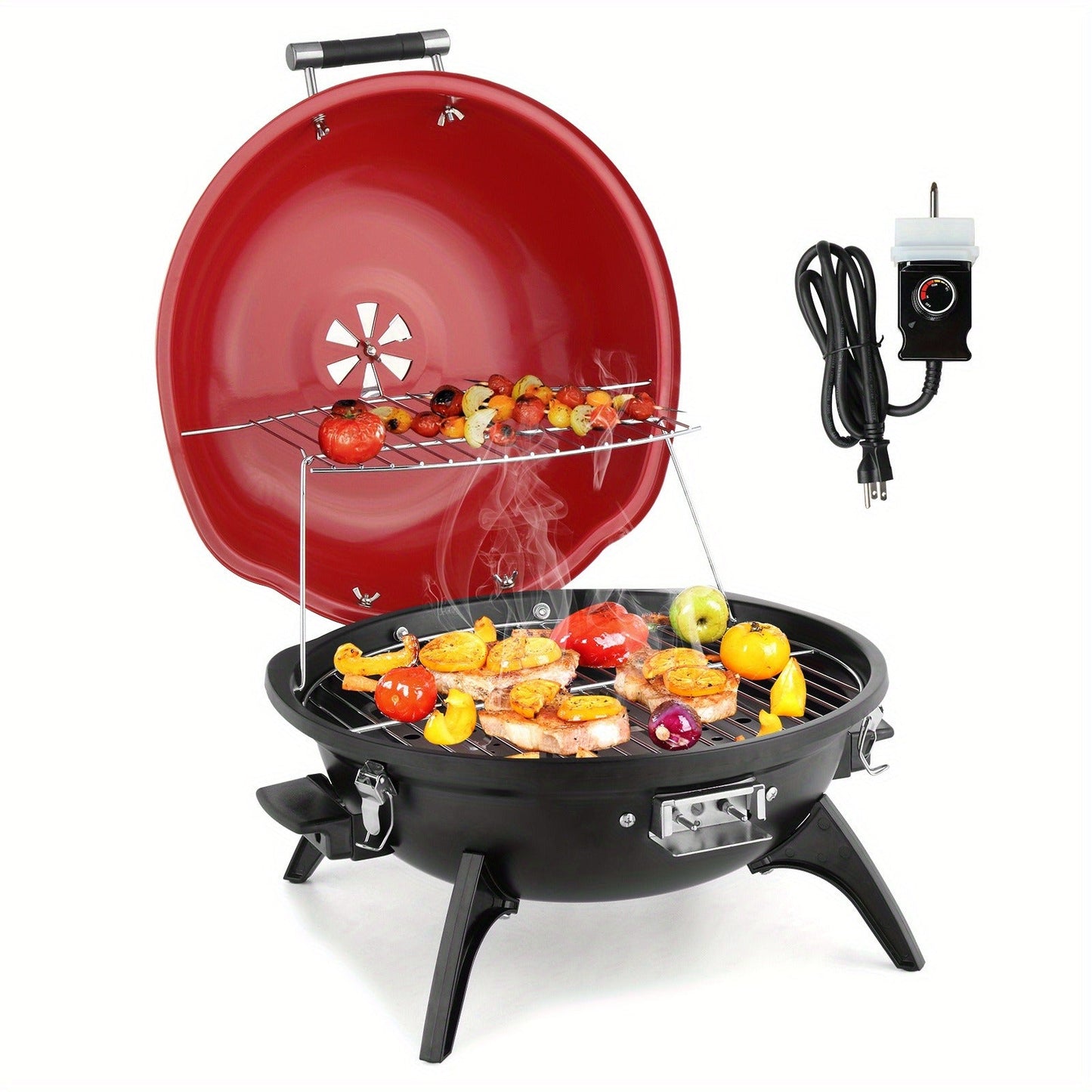 Electric BBQ Grill 1600W Indoor Outdoor Tabletop Grill with Lid Stainless Steel Heating Tube Chrome Grate Cool-Touch Handle
