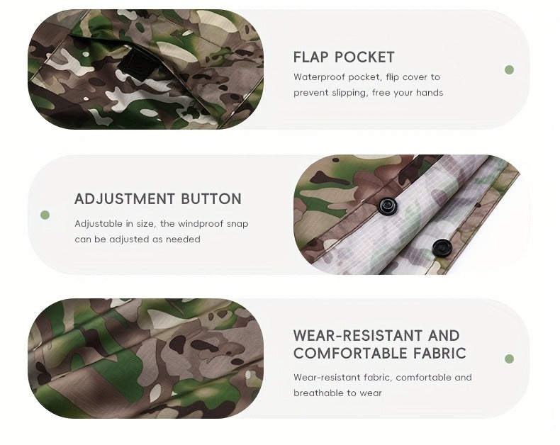 Digital Camouflage Hooded Rain Poncho with Snap-Side Closure, Front Pocket and Matching Storage Bag