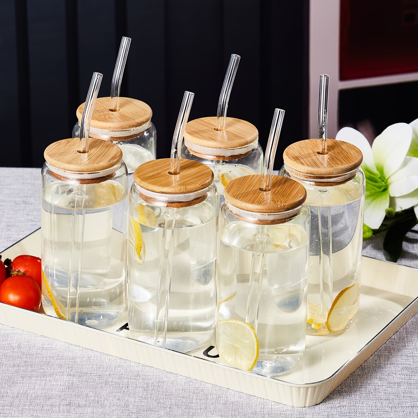 Drinking Glasses Set with Lid and Straw 550ml Oval Glass Cups 4 or 6 Piece – Iced Coffee Smoothie Bubble Tea Juice Tumbler Set for Home Entertaining Gifting