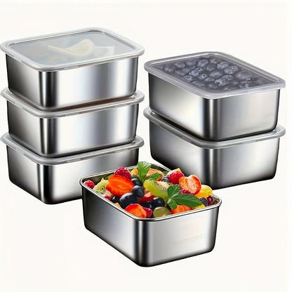 Food Storage Containers Six-Piece Stainless Steel Square Set with Secure Lids for Fridge and Dishwasher Use