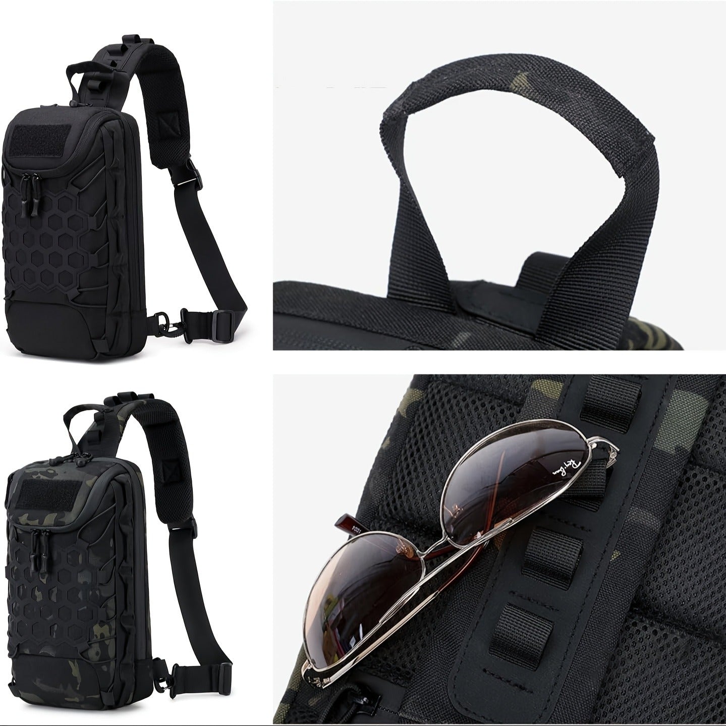 Structured Tactical Shoulder Crossbody Bag with Honeycomb Front Panel in Black or Camouflage Pattern