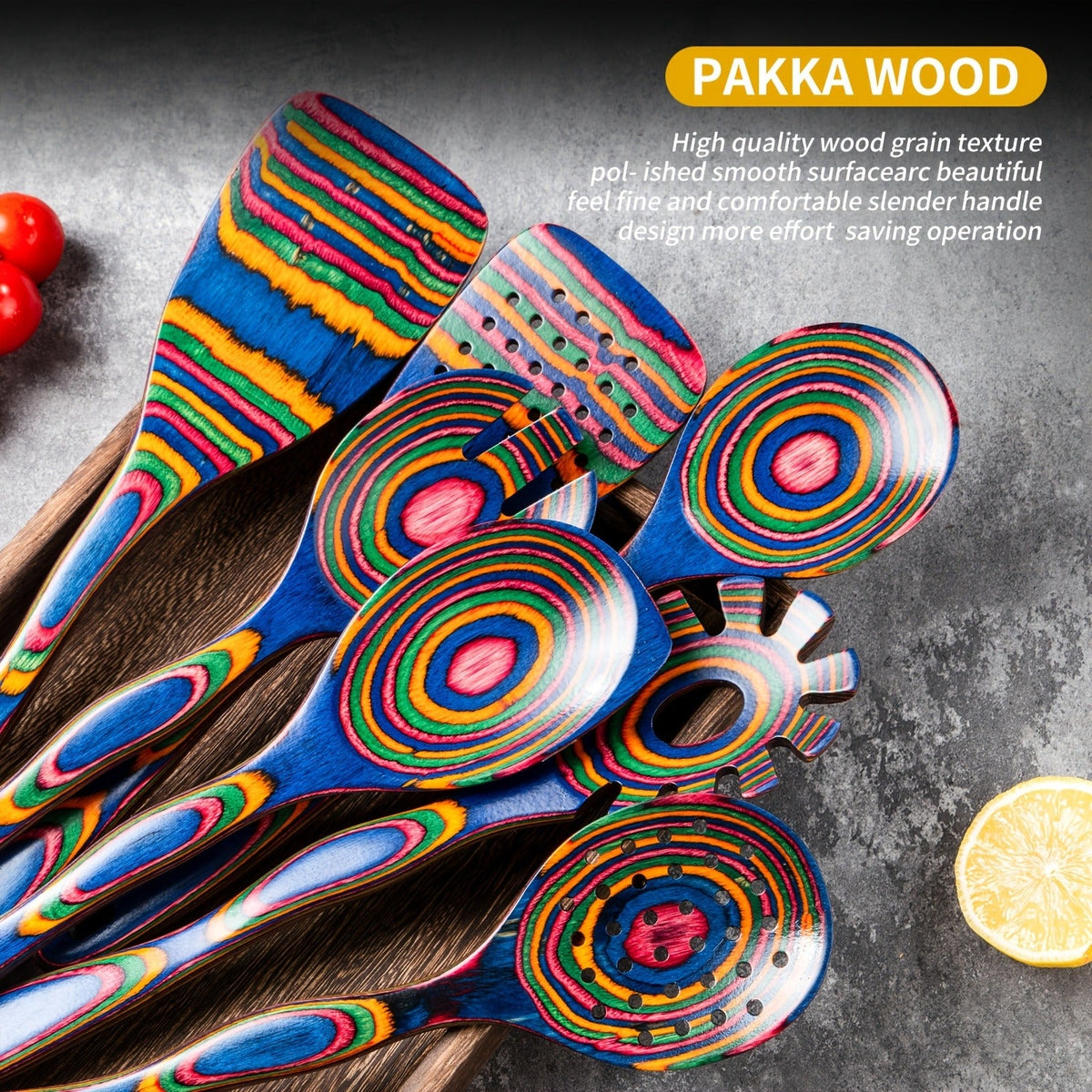 Pakkawood Kitchen Utensil Set 7 PCS, for Home Cooking, Dining and Outdoor Meals, with the Listed Configuration