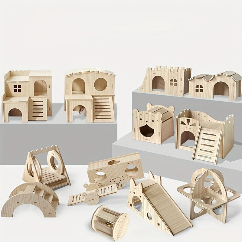 Hamster Cage Accessories 6-Piece Wooden Set - Running Wheel, Villa House, Swing, Nesting House for Hamsters Guinea Pigs Gerbils - Natural Wood Small Animal Habitat Enrichment Toys & Cage Supplies