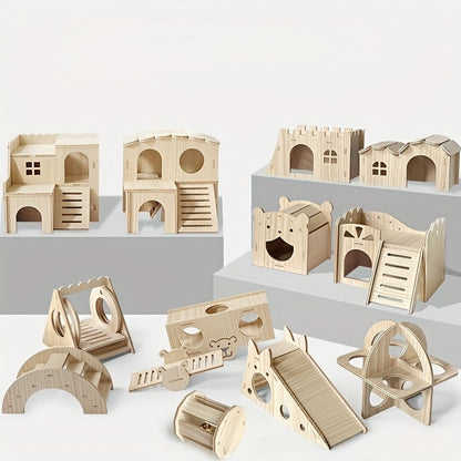 Hamster Cage Accessories 6-Piece Wooden Set - Running Wheel, Villa House, Swing, Nesting House for Hamsters Guinea Pigs Gerbils - Natural Wood Small Animal Habitat Enrichment Toys & Cage Supplies