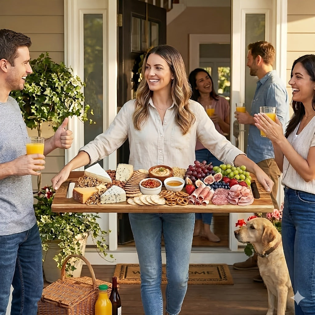 Extra-Long 36 x 11-Inch Wood-Color Charcuterie Board with Recessed Handles and Two Display Stands