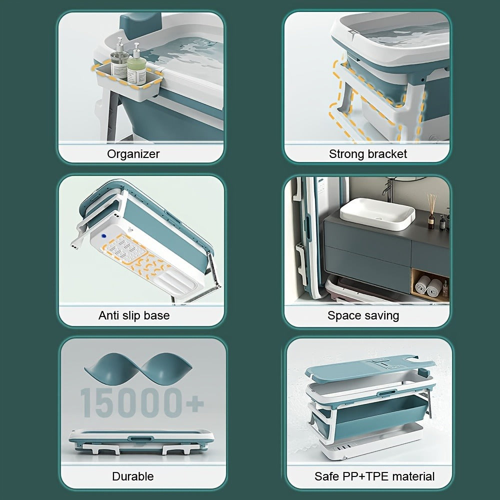 Rectangular Collapsible Adult Soaking Tub in Blue with Rigid Folding Frame, Thermal Cover and Drain Hose