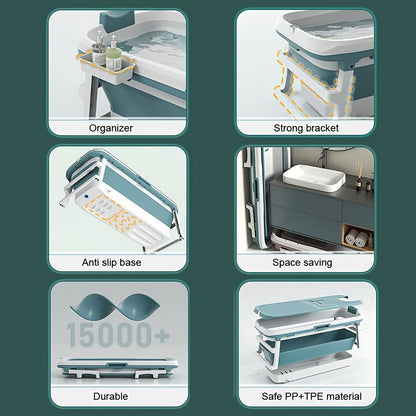 Rectangular Collapsible Adult Soaking Tub in Blue with Rigid Folding Frame, Thermal Cover and Drain Hose