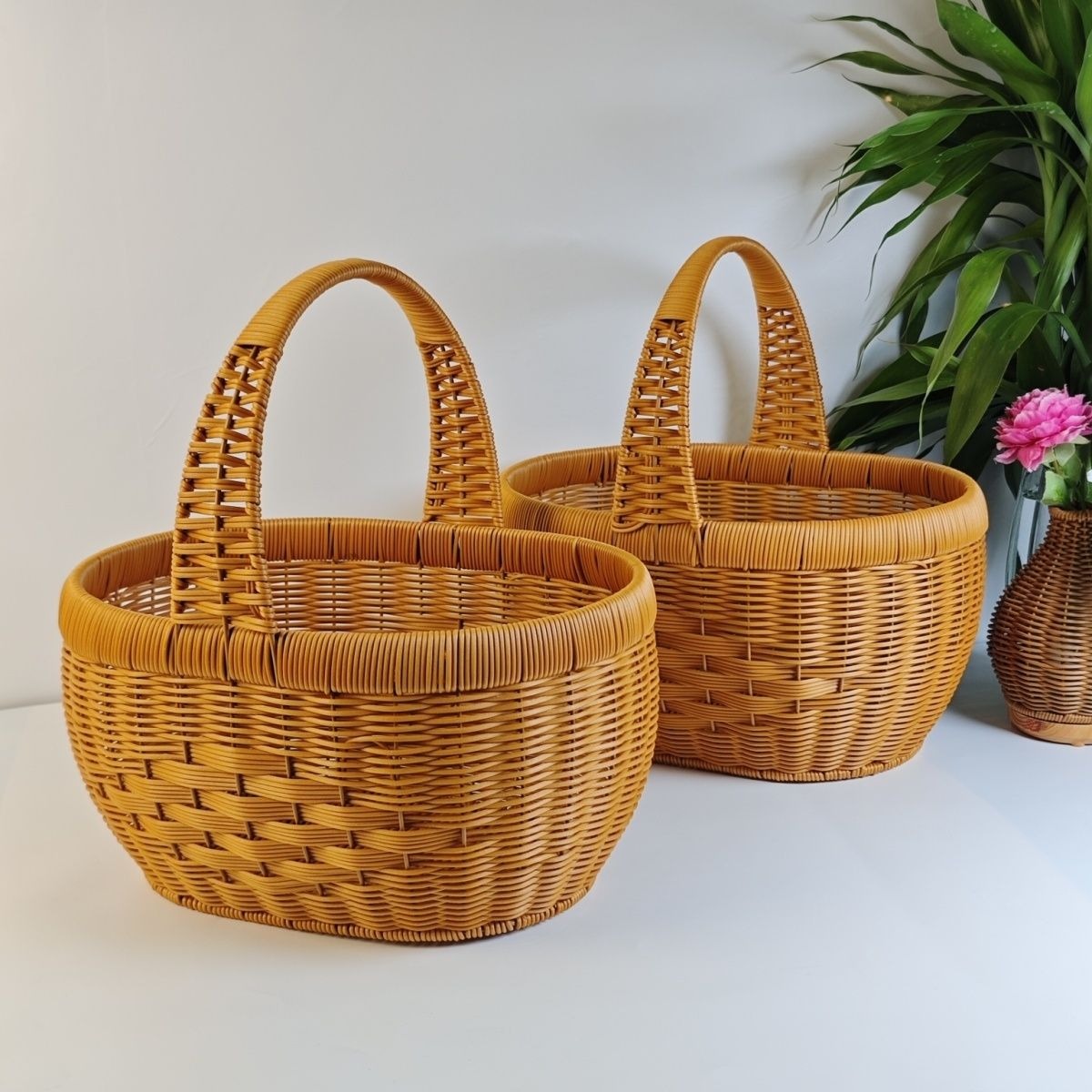 Rattan Basket Woven Shopping Basket with Handle – Extra Large Handcrafted Picnic Basket for Fruits, Eggs, Vegetables, Farmers Market & Shelf Storage, 36×28×20cm