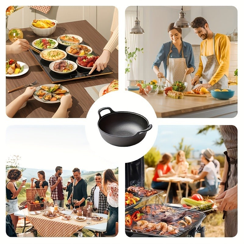 20cm Cast Iron Serving Pan with Dual Loop Handles, Rounded Deep Profile and Enamel Base Layer for Oven or Stovetop Use