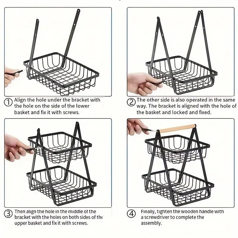 Tiered Fruit Basket with Removable Wooden Handles – 2 or 3 Tier Metal Kitchen Counter Organizer for Produce, Bread & Snacks