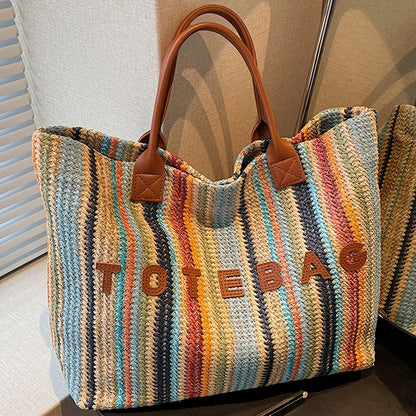 Striped Woven Tote Bag with Letter Detail, Open Top and Black, Green or Brown Handle Options