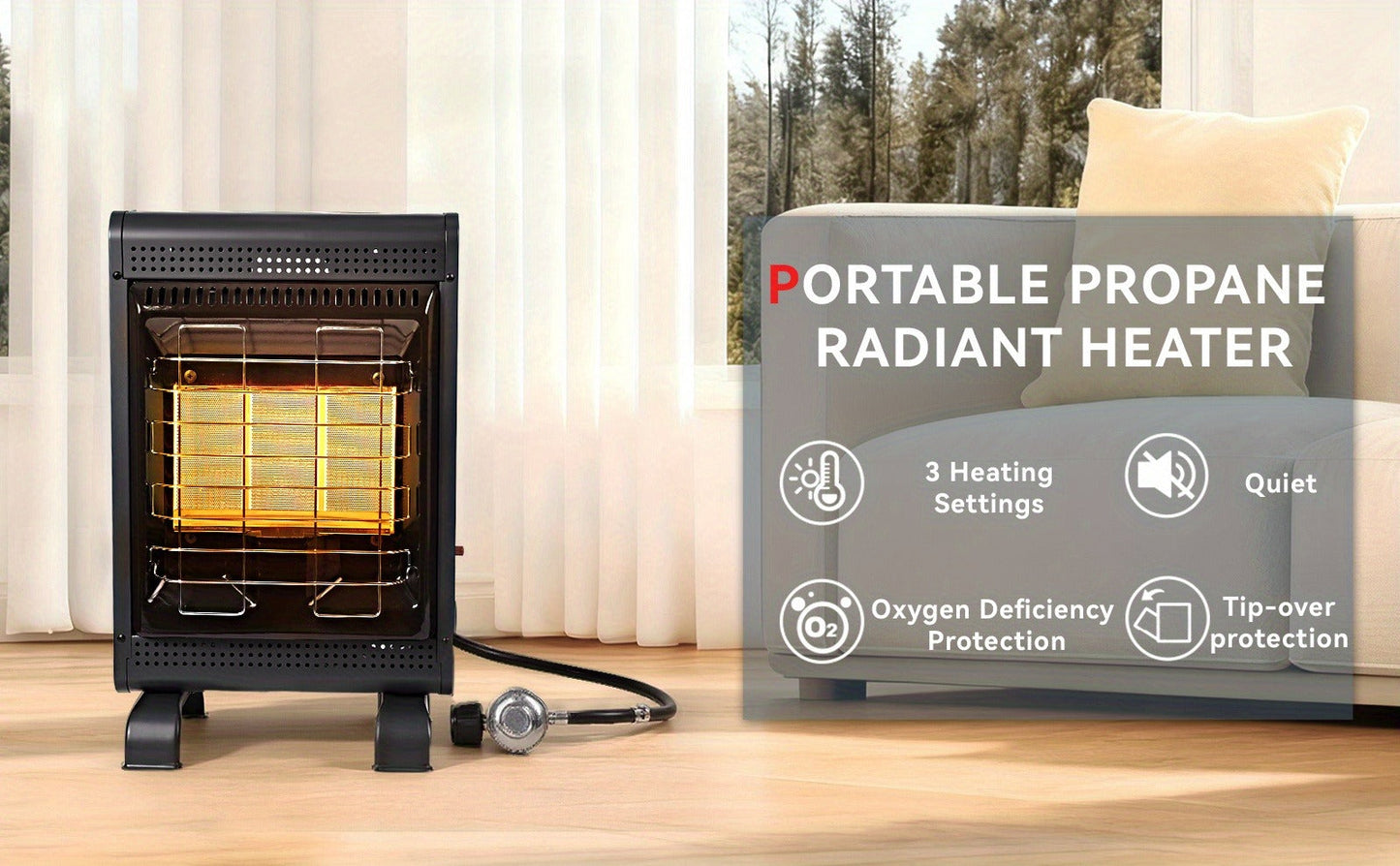 Black Cabinet Propane Heater with Three Heat Settings, Hose, Regulator and 24.4-Inch Pictured Height