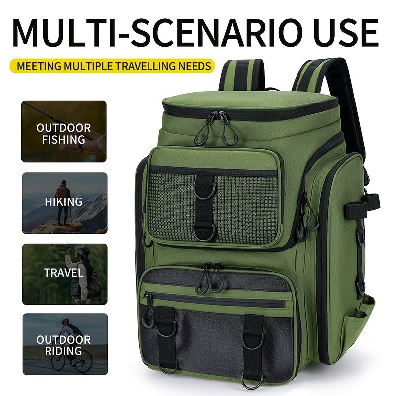 Black Camouflage Fishing Backpack with Twin Shoulder Straps, Front Zip Compartments and Side Rod Loops