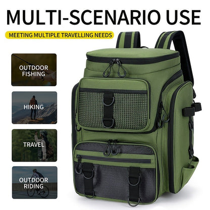 Black Camouflage Fishing Backpack with Twin Shoulder Straps, Front Zip Compartments and Side Rod Loops