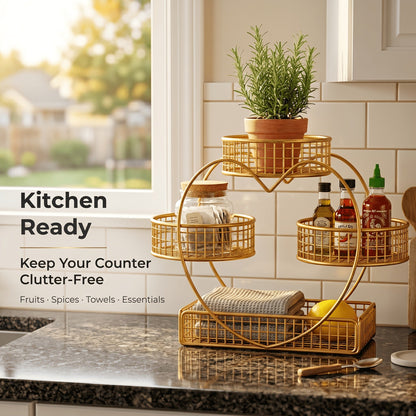 Wire Fruit Stand 3-Tier Golden Metal Basket | Large Capacity Kitchen Counter Organizer for Fruits Vegetables Bread Snacks Produce