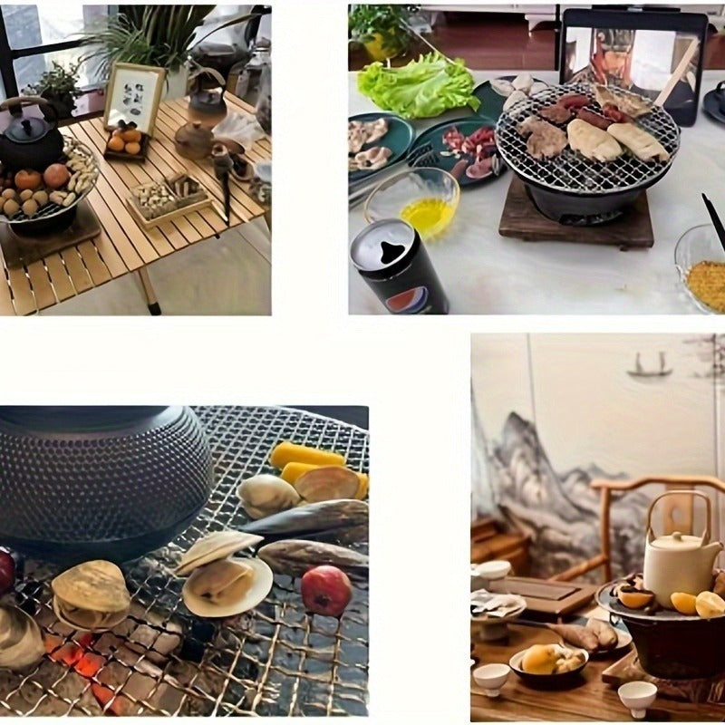 Cast Iron Charcoal Grill Round Portable, Mini BBQ Grill with Wooden Board & Stainless Steel Mesh Tray, Compact Tabletop Charcoal Grill for Outdoor Camping, Pizza, Tea Cooking & Family BBQ