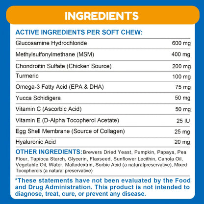 Dog Glucosamine Joint Supplement Chews 120ct | Chicken Flavor Soft Chews with Glucosamine, Chondroitin, MSM & Vitamins for Hip & Joint Health, Mobility Support for Dogs of All Sizes & Ages