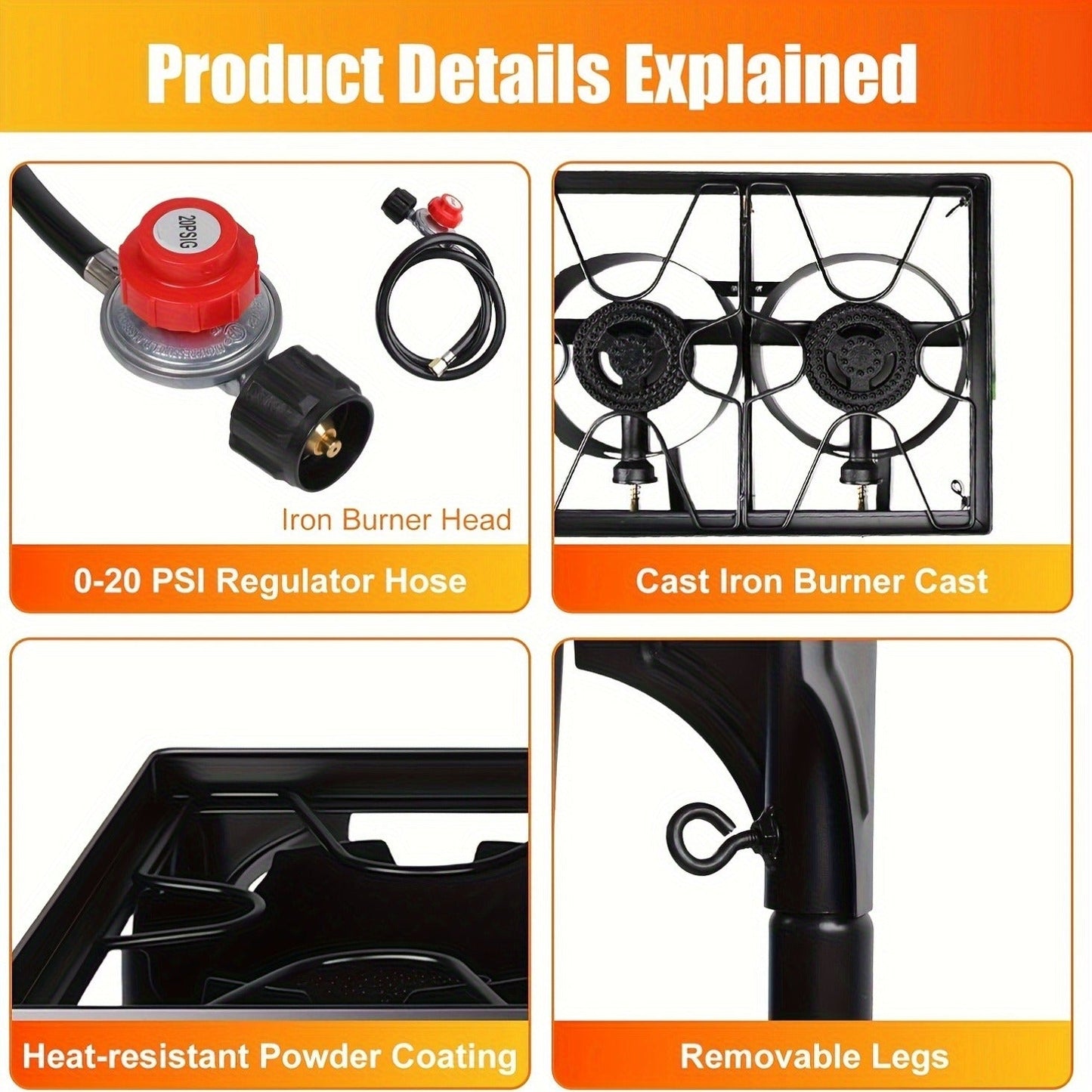 Outdoor Propane Burner Stand with One- or Three-Burner Layout, Removable Legs and 0–20 PSI Regulator Hose