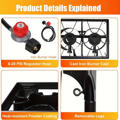Outdoor Propane Burner Stand with One- or Three-Burner Layout, Removable Legs and 0–20 PSI Regulator Hose