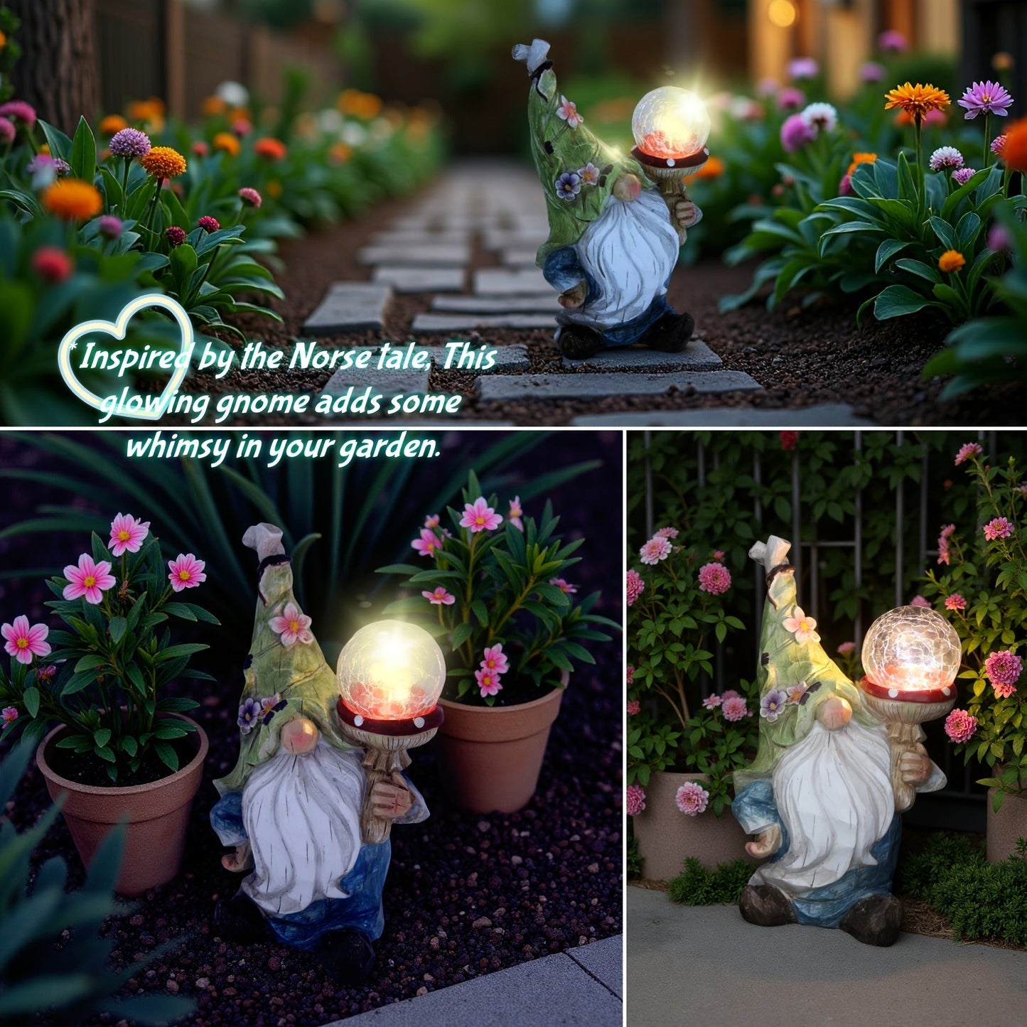 11-Inch Solar Garden Gnome Statue with Illuminated Globe, Blue Robe and Integrated Rear Panel