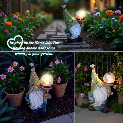 11-Inch Solar Garden Gnome Statue with Illuminated Globe, Blue Robe and Integrated Rear Panel
