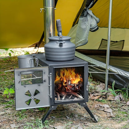 Wood Burning Camp Stove with Chimney Pipe Portable Outdoor Camping Stove for Cooking, BBQ, Boiling Water & Heating, Stainless Steel Hot Tent Stove with Folding Rack, Ash Hook & Accessories Included