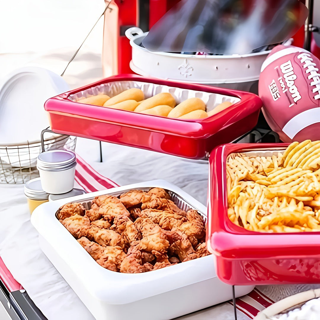 Foil Pan Carrier with Lid 2 in 1 Stackable Food Storage Set BPA Free Dishwasher Safe Portable Casserole Holder for Potluck BBQ Picnic Tailgate Meal Prep Party