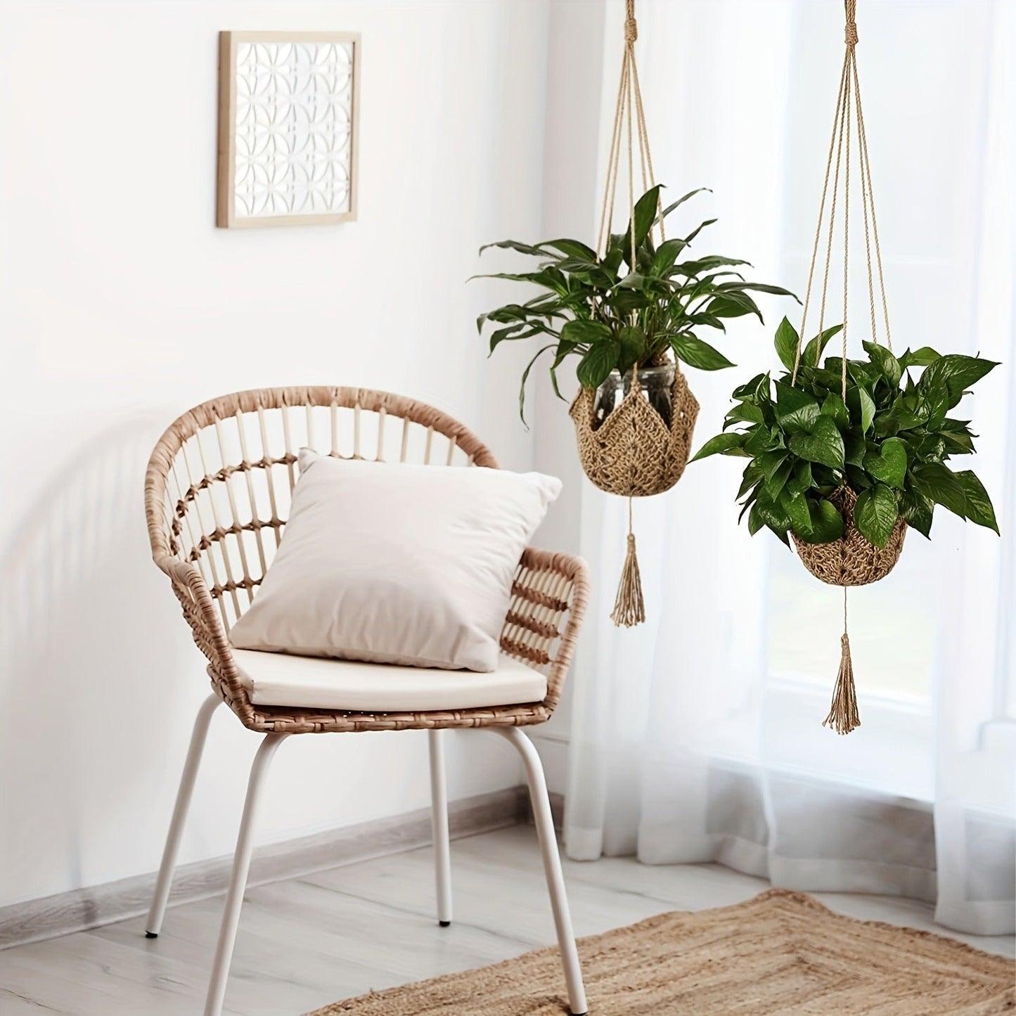 Macrame Plant Hanger with Tassels, Bohemian Cotton Rope Crochet Wall Basket, Indoor Outdoor Hanging Planter with Hooks, Boho Home Decor