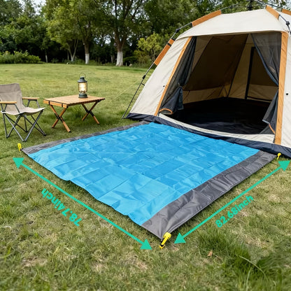 210 x 200cm Picnic Mat with Blue Center Panel, Grey Border, Drawstring Carry Pouch and Ground Stakes