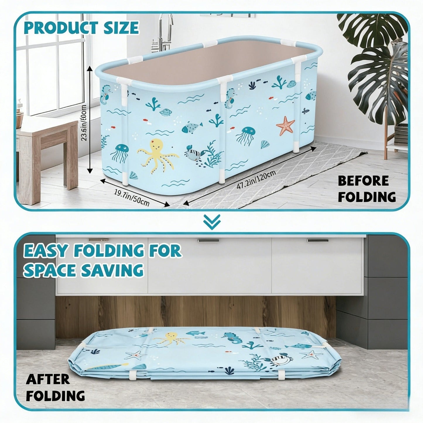 Soaking Tub Foldable Portable for Adults 47.2"x19.7"x21.7" – Freestanding Hot Bath & Ice Bath Spa Tub, Family Bathroom Bathtub, Ocean Style