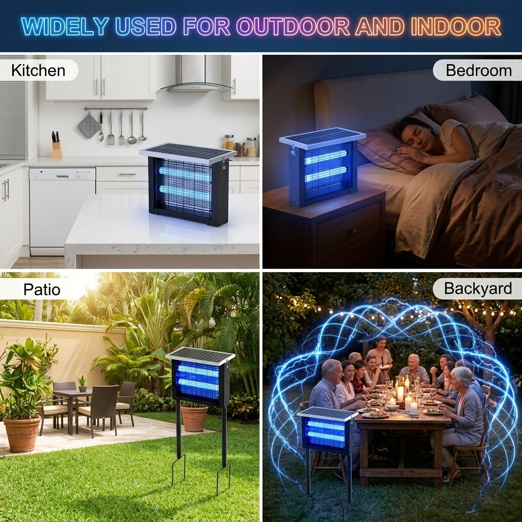 Rectangular Solar Bug Zapper with Blue Grid Light, Panel Top, Ground Stand and Hanging Chain in Black