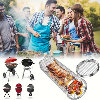 Rolling Grill Basket Stainless Steel 2-Pack, Cylinder BBQ Basket with Hook & Fork for Vegetables
