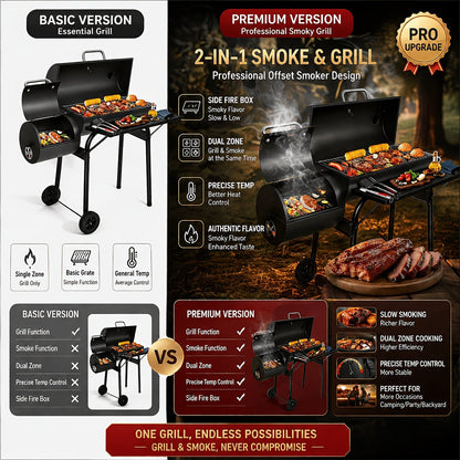 Charcoal Grill with Offset Smoker, Barrel BBQ Smoker Grill Combo for Backyard & Patio, Heavy-Duty Outdoor Charcoal Smoker with Side Firebox for Smoking, Grilling & BBQ Parties