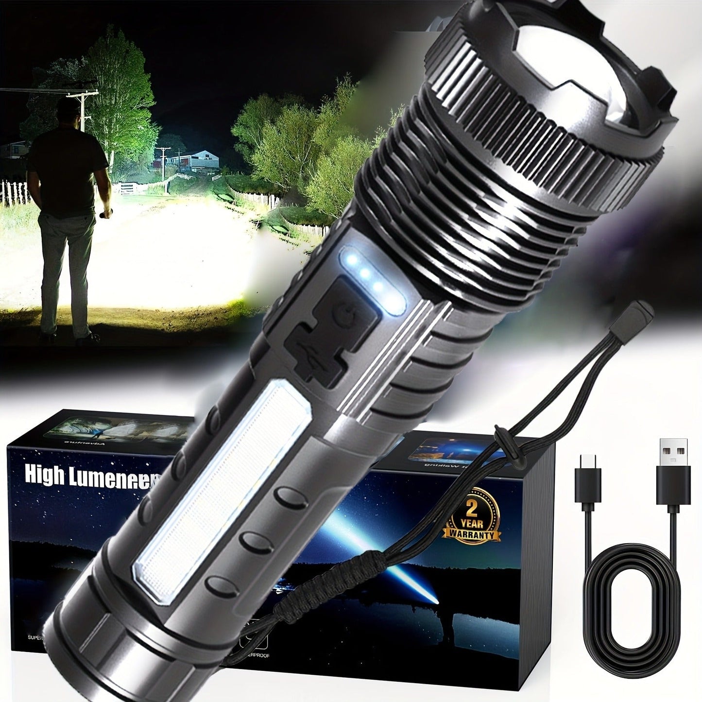 Flashlight 4500-Lumen Zoomable Fresnel Lens Torch with 21700 Battery in Golden or Red Upgrade Editions