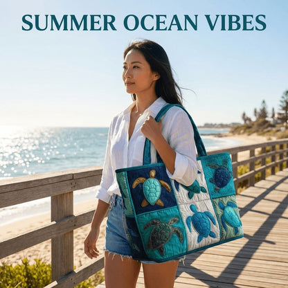 Sea Turtle Patchwork Tote Bag with Quilted Panels, Teal Handles and 17 x 15.75-Inch Checkout Size